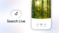 A graphic with the words Search Live shown underneath a waveform icon. To the right, a phone shows the Google app with Search Live open. The camera is pointing at trees in a forest.